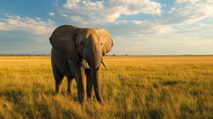 Obraz premium A peaceful elephant standing in a vast open field, ears flapping gently in the warm afternoon breeze.