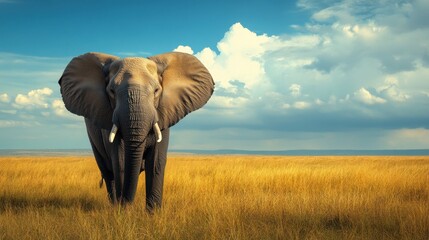 Obraz premium A peaceful elephant standing in a vast open field, ears flapping gently in the warm afternoon breeze.