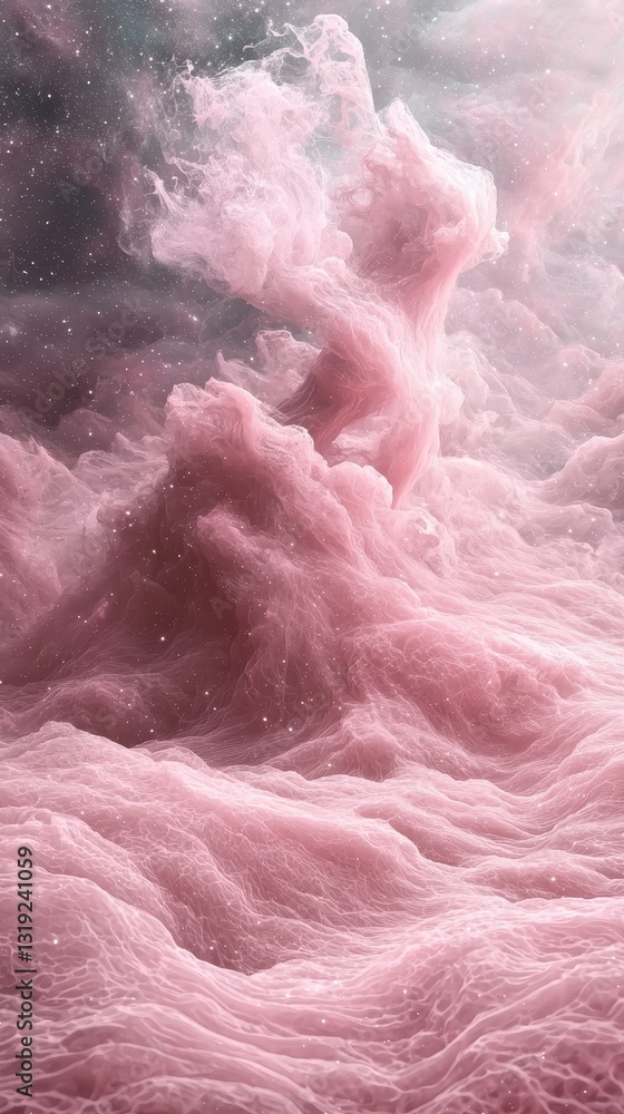 Poster cosmic wind sweeping through space creating an ethereal feel with a pink and black background