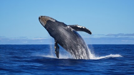 Obraz premium A rare sight of a sperm whale breaching, its powerful body emerging from the deep blue sea.