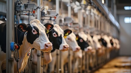 A row of dairy cows standing in a modern milking parlor, connected to automated milking machines.