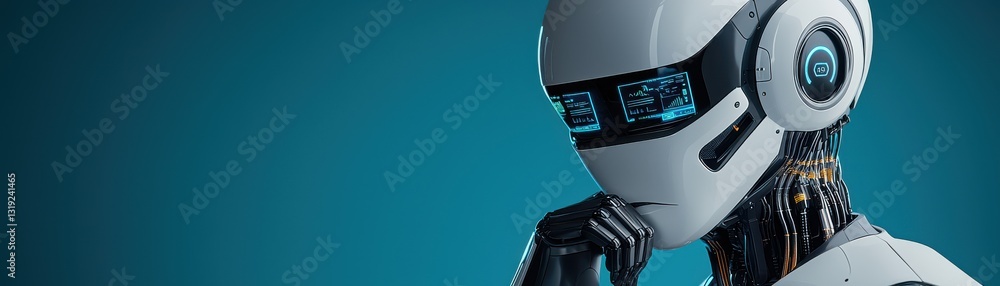 Poster a futuristic robot with a sleek creative contemplates, showcasing advanced technology and artificial
