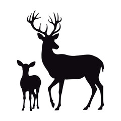 Stunning black silhouettes of various deer´s  kind  roe, female, and male wild deer
