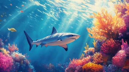 Fototapeta premium A silky shark swimming near a coral reef, its smooth body reflecting the sunlight filtering through the water.