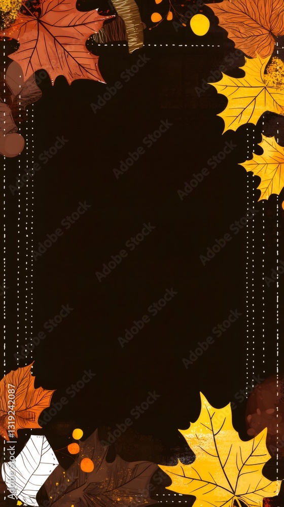 Poster vertical background with a frame of colorful autumn leaves and dotted lines, creating a cozy autumna