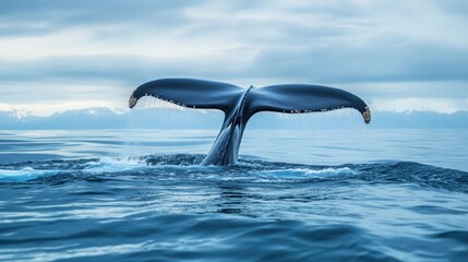 A stunning image of a blue whales tail fin rising above the water before a deep dive.