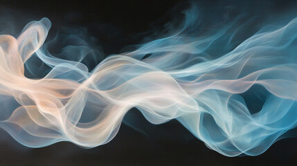 Abstract artwork featuring flowing, translucent light blue and peach-colored waves on a dark background, suggesting movement, serenity and ethereal beauty