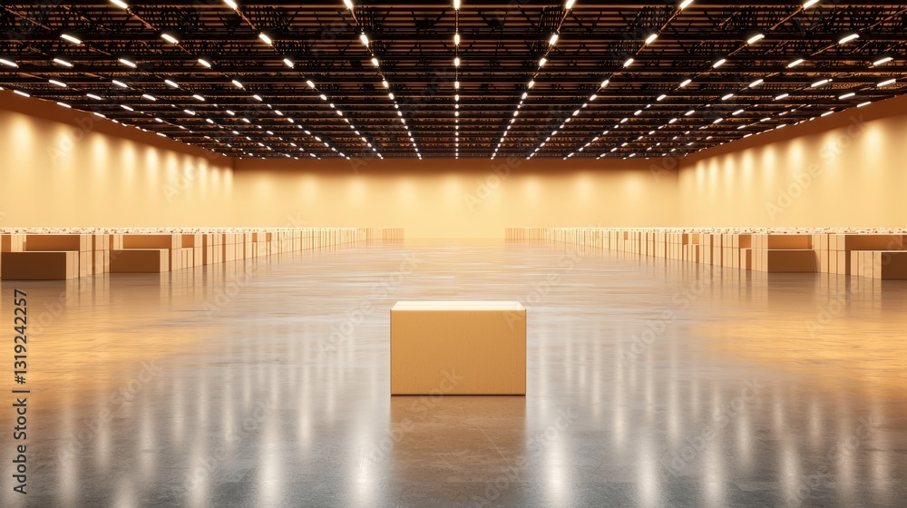 Poster a spacious, illuminated warehouse featuring a single box in the center, surrounded by empty space an