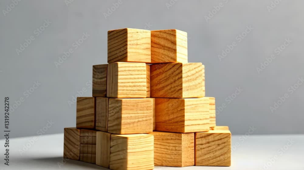 Poster Stacked wooden blocks arranged in a triangular shape on a light gray surface, creating a simple yet striking display