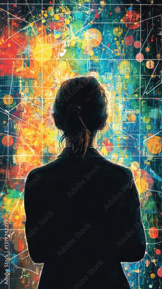 Poster person standing in front of colorful background representing data analytics with clear copy space fo