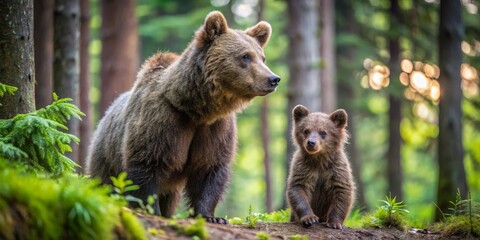 Fototapeta premium A mother brown bear and her cub standing amidst lush green forest vegetation