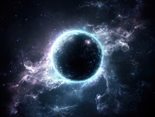 Obraz premium Deep black space with a solitary glowing planet surrounded by stars illustrating the mysteries of the universe