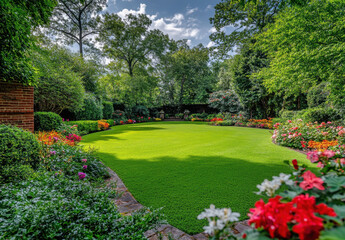 Fototapeta premium A large, well-kept lawn is complemented by colorful flower beds, creating a serene garden atmosphere in broad daylight