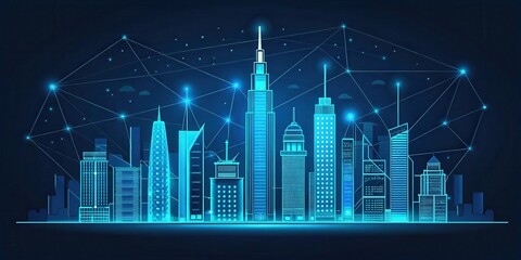 Fototapeta premium Hightech coding background with digital technology. Futuristic city skyline with glowing buildings and digital connections.