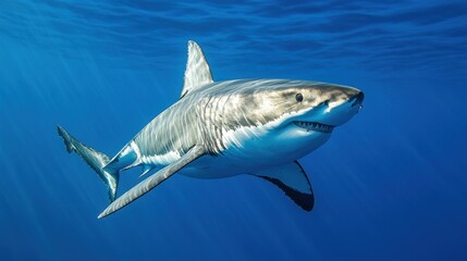 Fototapeta premium A young great white shark swimming in crystal-clear blue waters, showcasing its graceful motion.