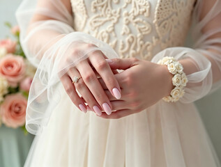 Close-up of woman's hands adorned with delicate manicure on embroidered wedding dress, paired with pastel roses. Soft tulle sleeves and floral details embody refined romance and elegance