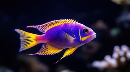 Naklejka premium A striking royal gramma fish with bold purple and yellow hues swimming peacefully.