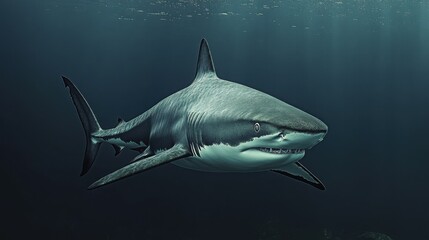 A bull shark moving stealthily through murky waters, its presence both mysterious and intimidating.