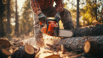 A man in casual attire operates an electric chainsaw, cutting through logs in a sunlit forest, with sawdust flying around him
