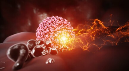 A vibrant depiction of cells under a microscope.