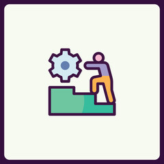Stylized Icon Illustration of Progress, Gears and a Person Climbing Steps