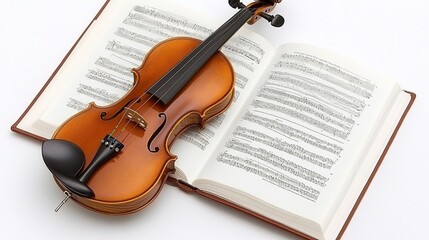 Fototapeta premium Violin rests on open music book, white background, learning concept