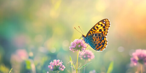 Obraz premium Close-Up of a Delicate Butterfly Resting on a Sunlit Petal for Macro Photography, Natural Wonder, or Serene Aesthetic