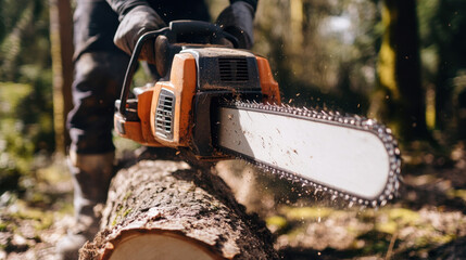 A man skillfully uses a chainsaw to cut a thick tree trunk, surrounded by lush green forest under bright sunlight