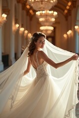 Female bride in lace gown holds flowing veil with joyful smile inside opulent wedding hall. Delicate details, romantic silhouette, and pure elegance and refined style radiate love and bliss