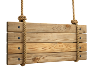 wooden sign board isolated on transparent background, realistic sign hanging freely with rough-textured ropes