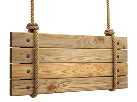 wooden sign board isolated on transparent background, realistic sign hanging freely with rough-textured ropes