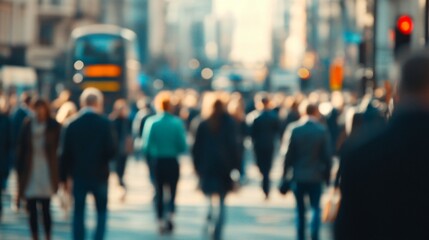 Crowded urban street, diverse people walking in busy city, sunlight creating a dynamic atmosphere, perfect for city themes.
