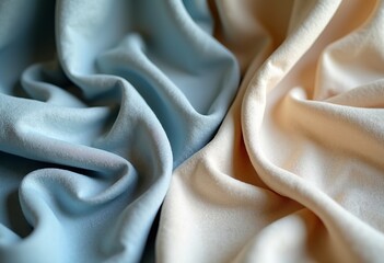 Draped Elegance: A Close-Up of Fabric Swatches in Soft Beige and Blue Hues, Featuring Linen Texture, Gentle Folds, and Natural Light for Design Inspiration.

