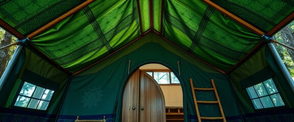 Obraz premium Interior View of a Luxuriously Appointed Tent with Wooden Door and Ladder