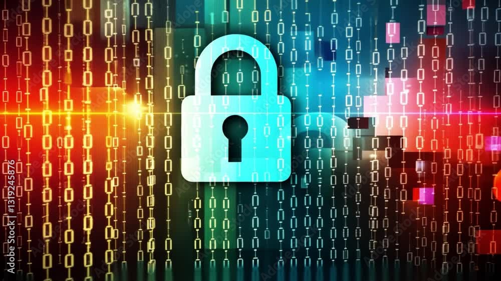 Poster colorful abstract digital padlock and binary code enhancing cybersecurity, data protection, and secu