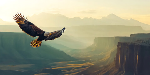 Obraz premium Majestic Eagle Flying Over a Breathtaking Canyon Landscape for a Dramatic Aerial Scene
