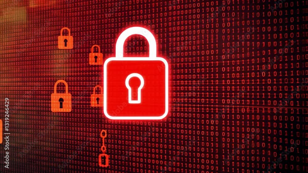 Poster glowing red padlock symbol on binary code cybersecurity, data protection, and digital security with 