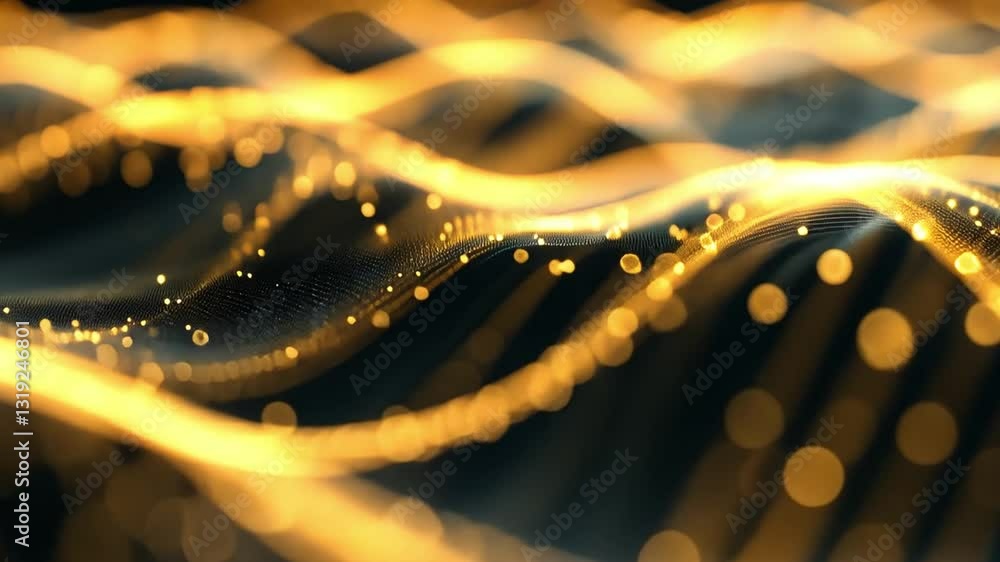 Poster mesmerizing abstract vdo of golden light waves and bokeh effects with glowing lines and dots creatin