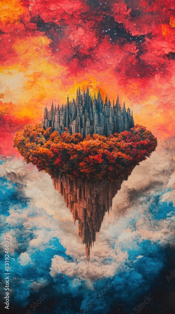Poster enchanted floating castle in the sky with deep space colors blending to create a magical atmosphere