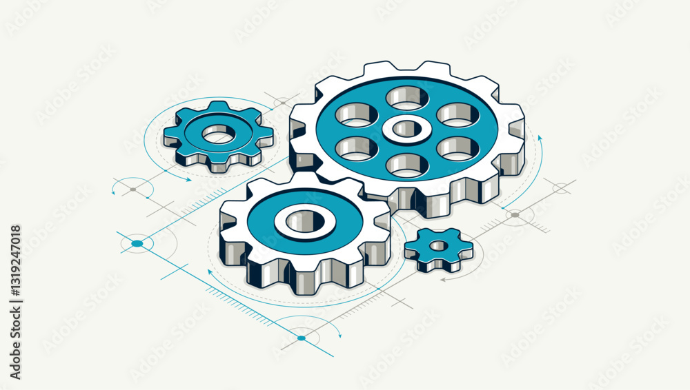 Poster mechanical engineering concept, gears and cogs with project drawing draft isometric 3d vector illust