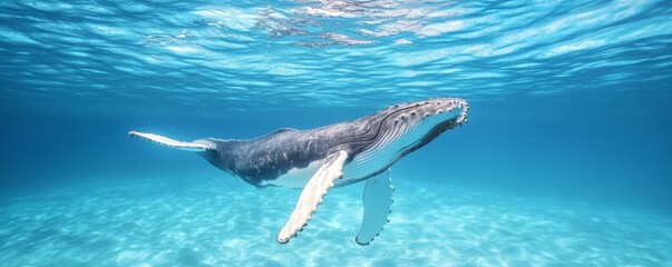 Fototapeta premium A majestic humpback whale gracefully swims underwater in the ocean