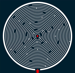 Radial labyrinth maze vector design, children game to play, find way out.