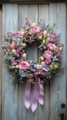 Fototapeta premium Brightly colored flowers create a lovely wreath, elegantly hanging on a weathered wooden door. Soft pastel hues and gentle ribbons evoke the freshness of springtime, inviting warmth and cheer