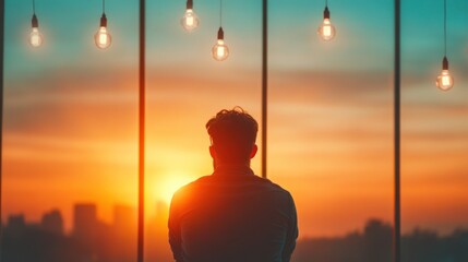 Fototapeta premium Sunset reflection a person gazes from a modern window urban setting inspirational viewpoint