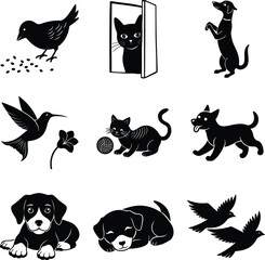 Simple Black and White Illustrations of Birds, Cats, and Dogs