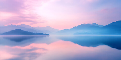 Fototapeta premium Dreamy Pastel Sky Over a Quiet Mountain Lake for Tranquil Reflection and Serene Escape