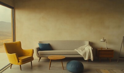 Modern living room with sofa, armchair, and mountain view.
