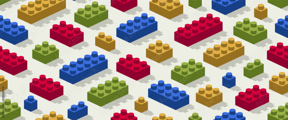 Poster toy constructor seamless pattern, isometric vector toy bricks tiling wallpaper, children game constr