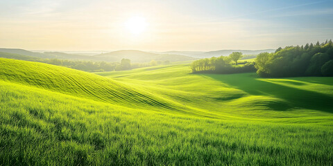 Green landscape of rolling green fields, likely agricultural land, bathed in soft sunlight. The scene is characterized by its simplicity, natural beauty.