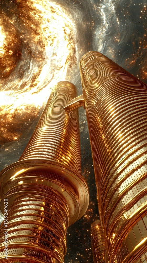 Poster two towering buildings reaching into deep space in a stunning futuristic architecture surrounded by 
